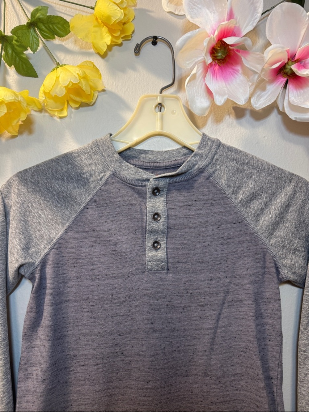 Cat & Jack Boys' Two-Tone Gray Henley Long Sleeve Shirt - Picture 2 of 10